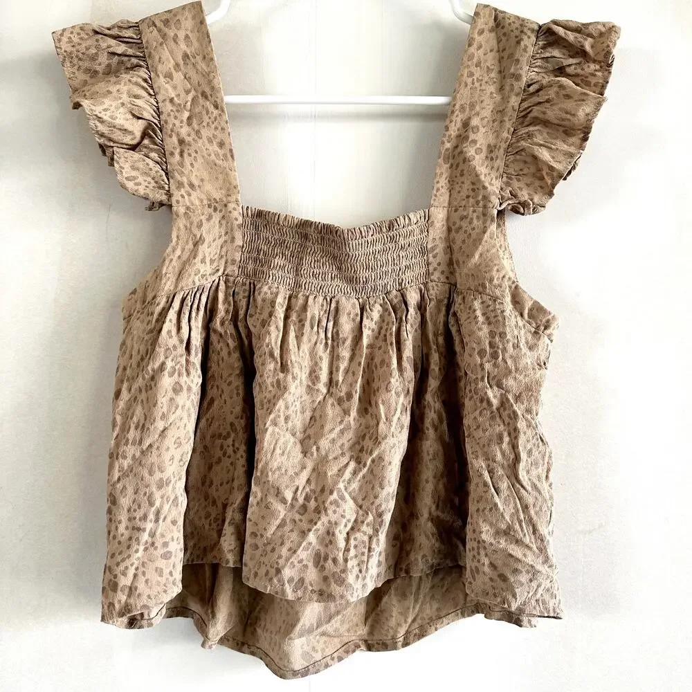 WAYF Crop Top Animal Print Ruffle Sleeves Square Neck Button Front Brown Small
